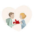 Un uomo porge a una donna un regalo rosso a forma di cuore. Entrambi sorridono felici.