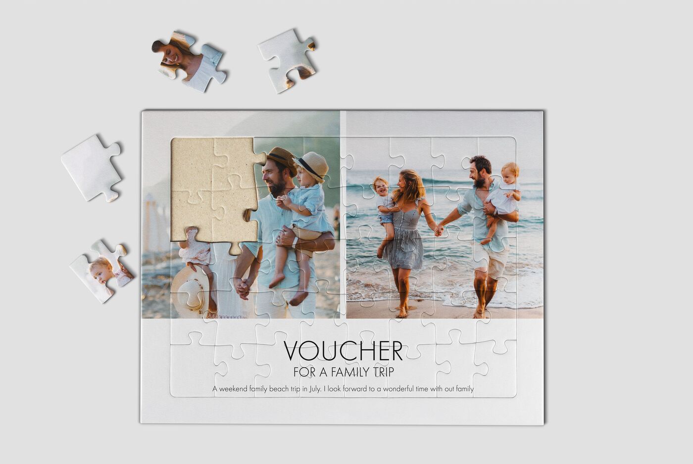 Voucher puzzle per una gita di famiglia con foto di momenti felici in spiaggia.