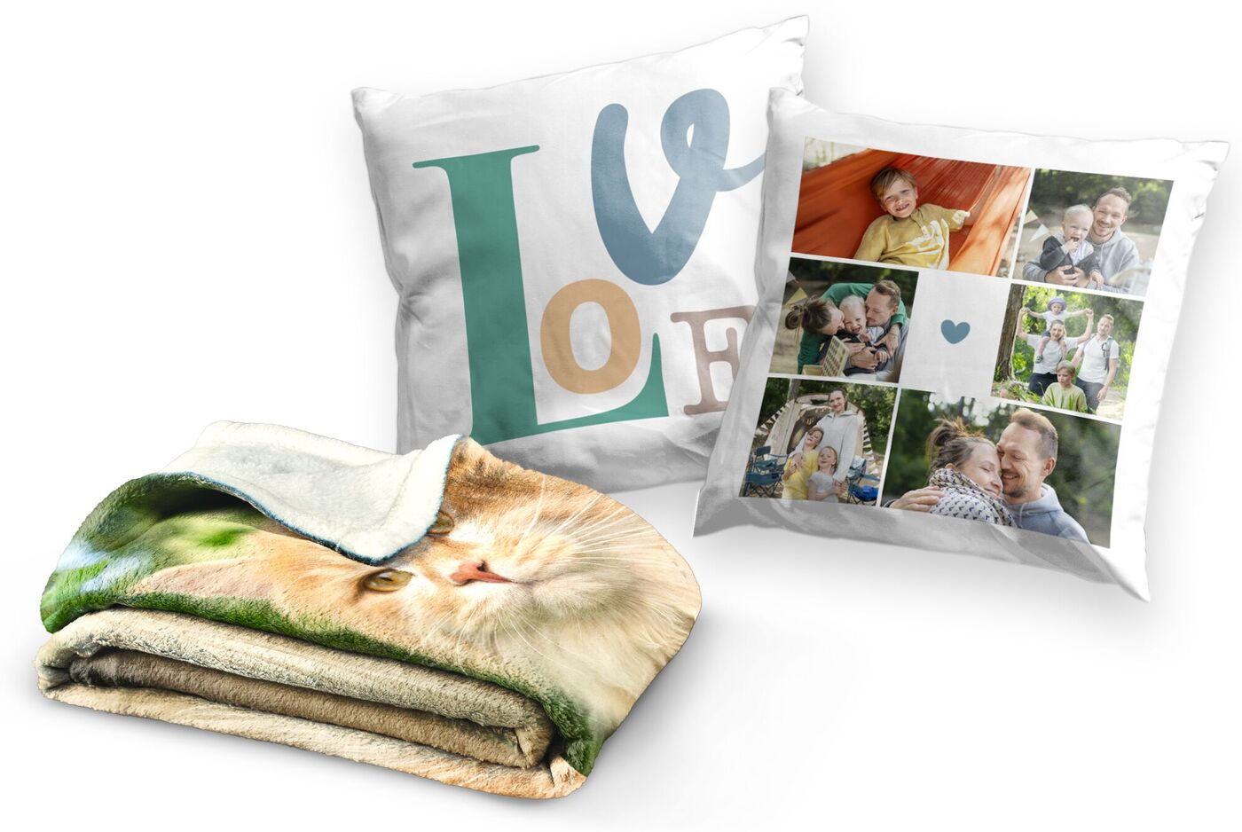 Accessori per la casa accoglienti, tra cui due cuscini personalizzati e una coperta.