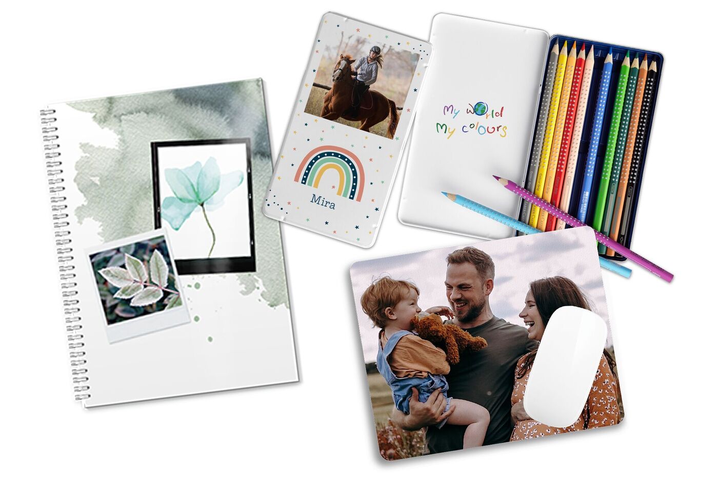 Materiale di scrittura colorato, un quaderno, una ruota dei colori e foto con un bambino e genitori.